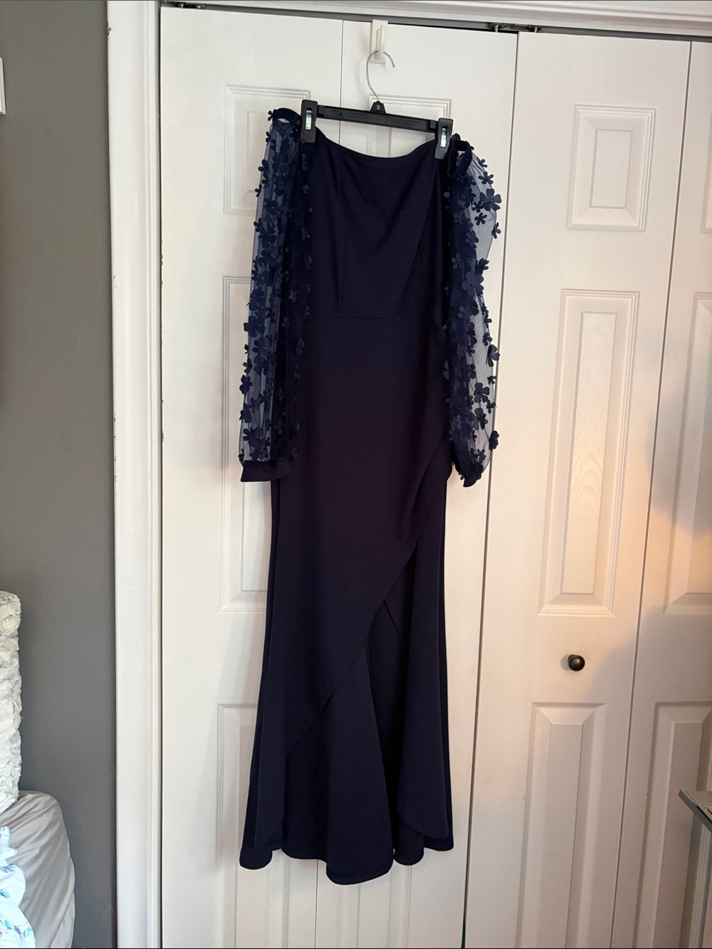 Navy Long-Sleeve Floral Appliqué Evening Gown